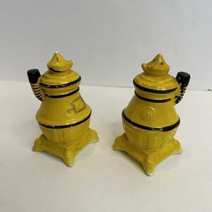 Vintage Yellow Wood Stove Pot Belly Salt and Pepper Shakers Ceramic Japan Made